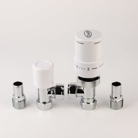 White TRV Angled Valve For Towel Rail With Lockshield